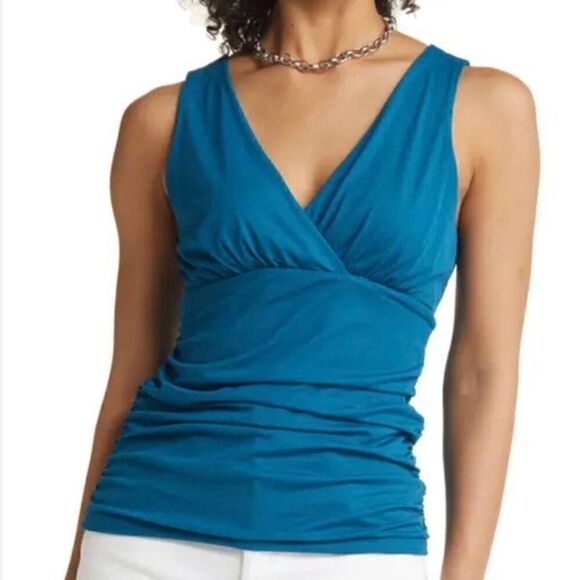 Halogen Teal Blue Allover Mesh Side Ruched V-Neck Tank Top NWT Size Medium - Picture 1 of 7